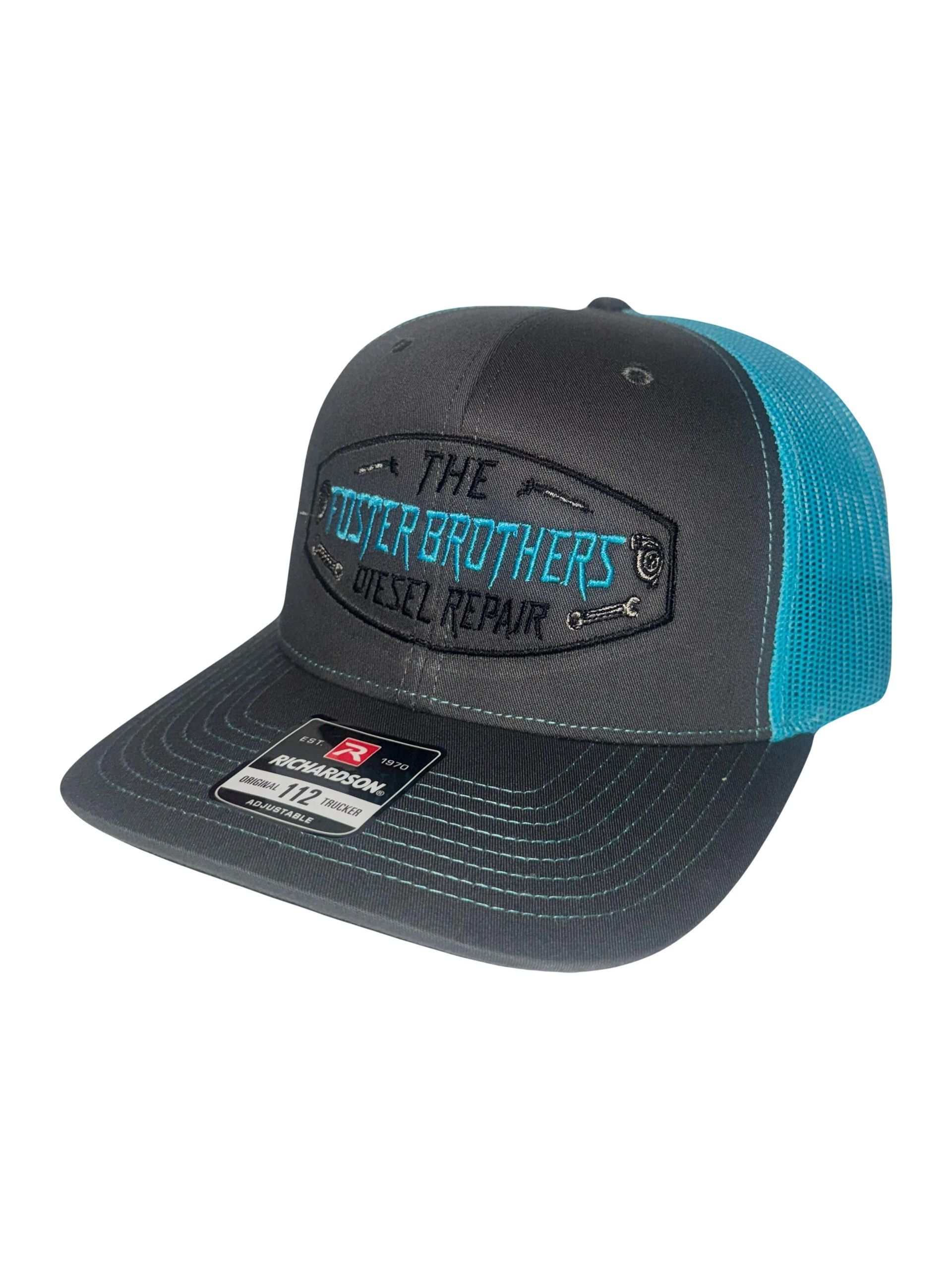 Gray and teal trucker hat with