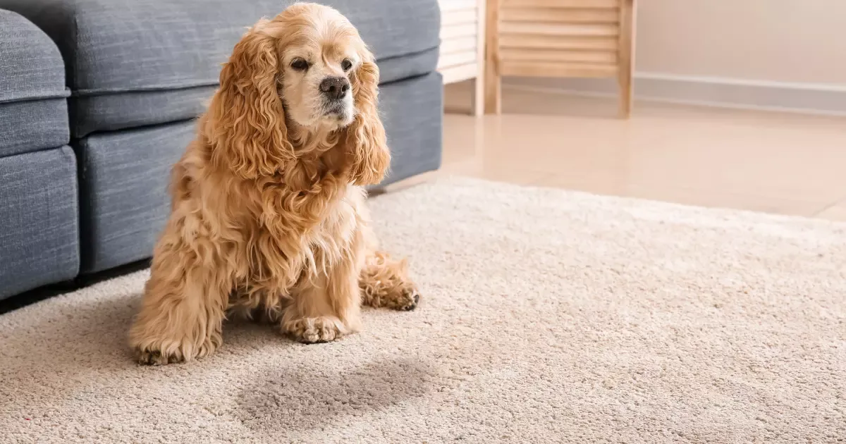 Pet stain on carpet in living room with carpet care near me for pet-related cleaning solutions