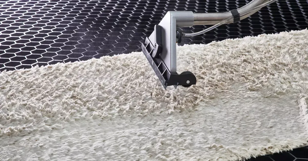 A professional rug cleaning process in action, deep-cleaning a thick shag rug