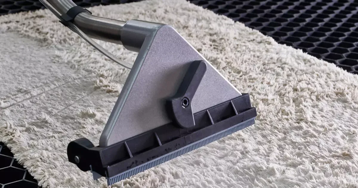A professional rug cleaning tool extracting dirt from a fluffy white rug