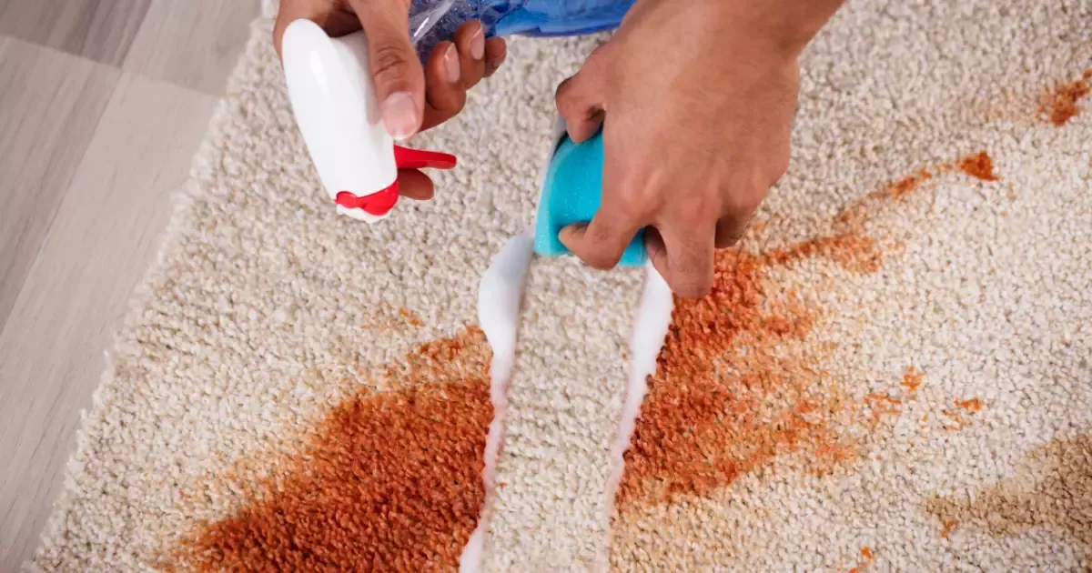Applying carpet cleaning solution and spray to treat a red stain on a light-colored carpet