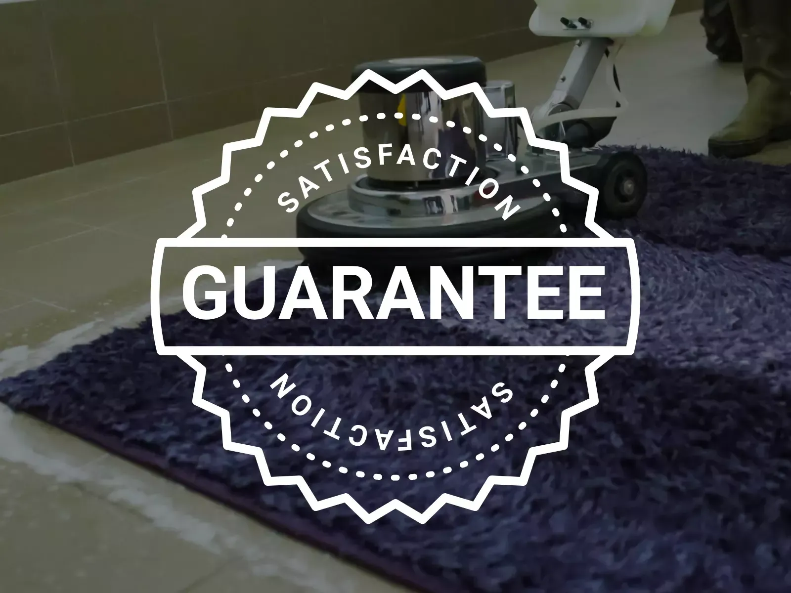 Rug cleaning machine polishing a purple rug with satisfaction guarantee badge overlay