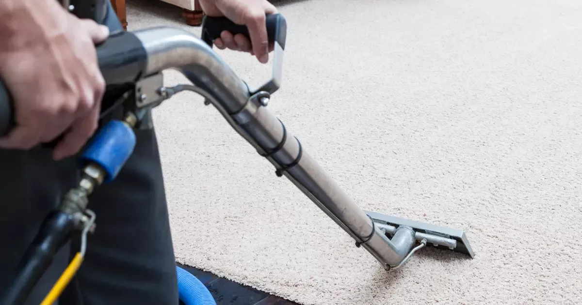 A person vacuuming carpet with a vacuum cleaner