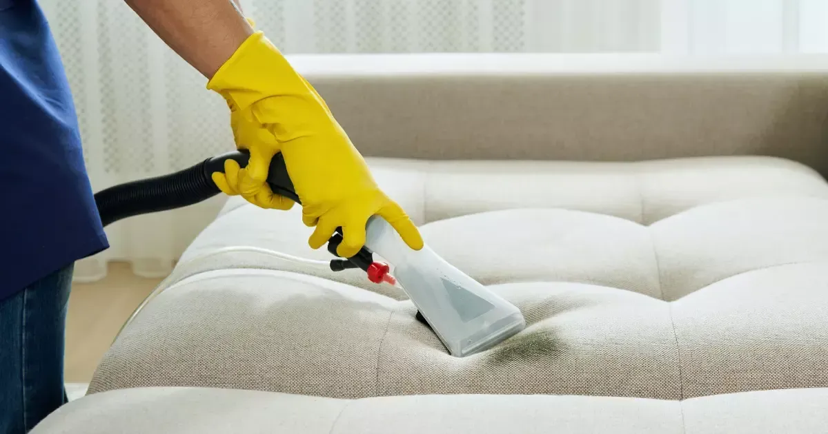 Upholstery cleaning in progress as a technician removes stains from a light-colored sofa using a professional extraction tool