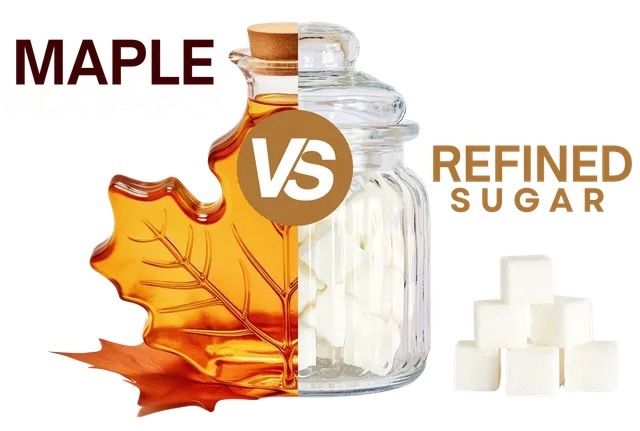 Maple syrup versus refined sugar comparison with syrup bottle, sugar jar, and cubes