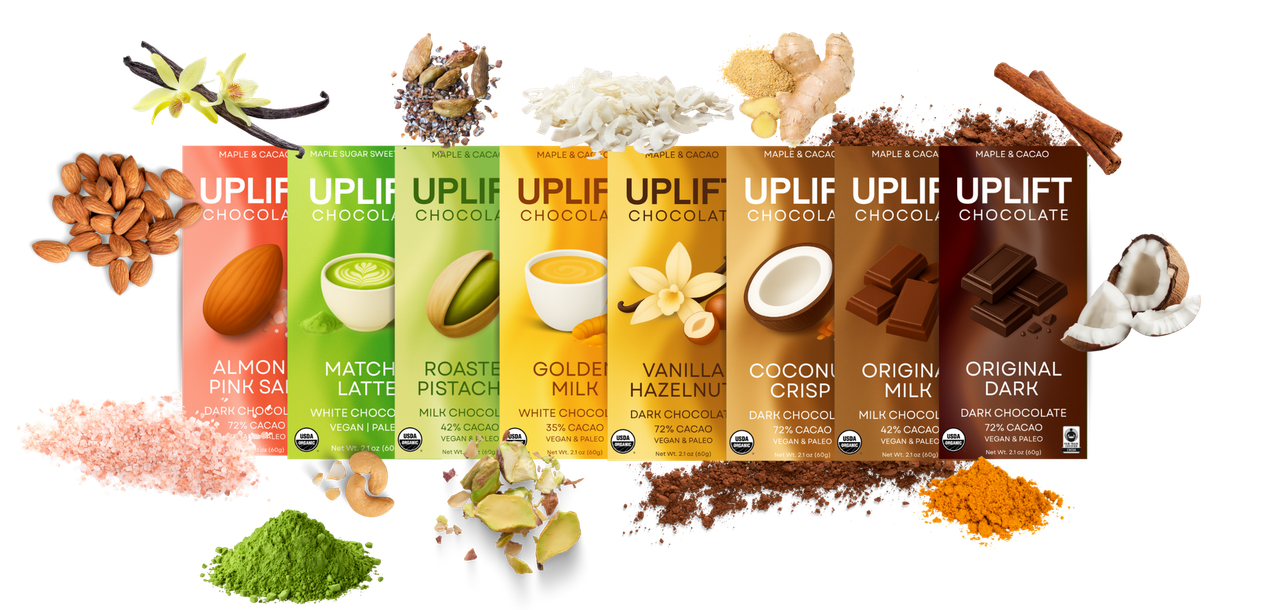 Uplift Chocolate bars in all eight flavors with their ingredients
