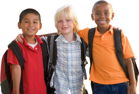 Three young boys with backpacks are posing for a picture together Three young boys with backpacks are posing for a picture together