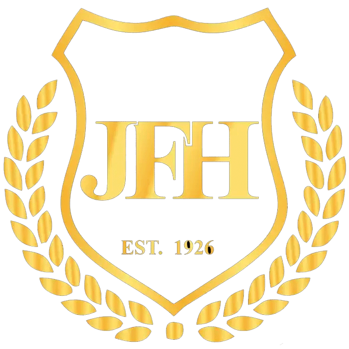 Gold JFH shield logo with laurel wreath and &ldquo;EST. 1926&rdquo; text