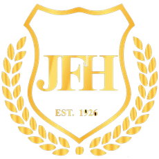 Gold JFH shield logo with laurel wreath and “EST. 1926” text