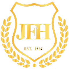 Gold JFH shield logo with laurel wreath and “EST. 1926” text