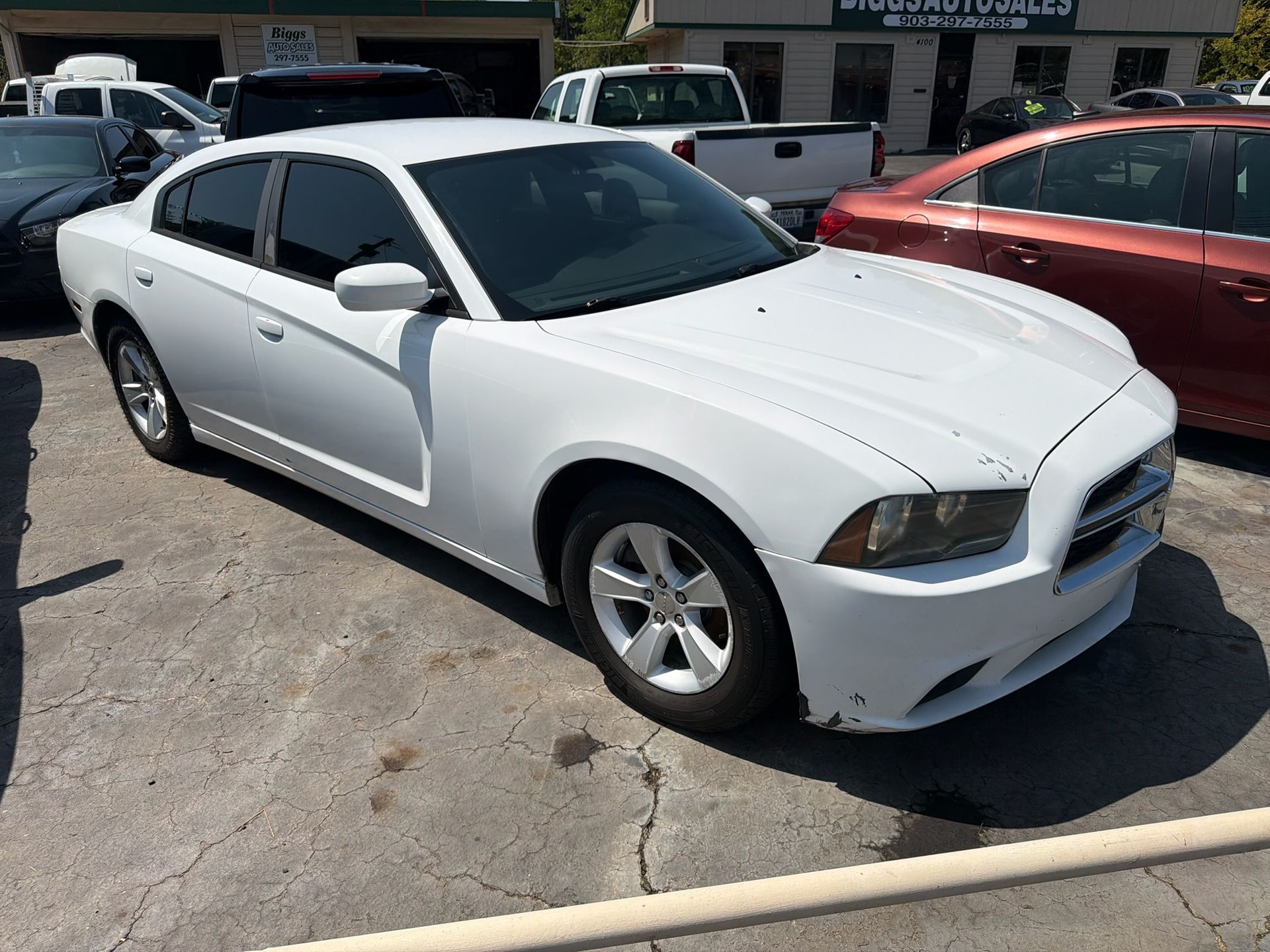 White Dodge Charger parked in a lot outside a dealership, front-left view