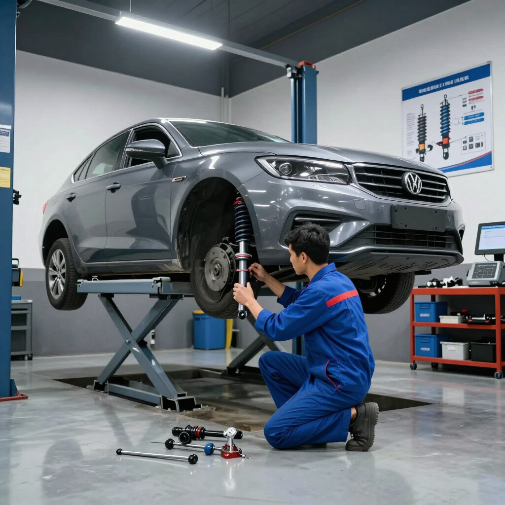 Mecánico con mono azul inspeccionando un SUV plateado en un elevador en un taller de reparación de automóviles.