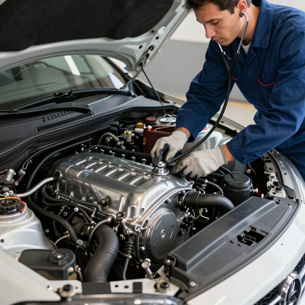 Un mecánico inspecciona el motor de un coche con el capó abierto, usando guantes, en un taller de reparación de automóviles.
