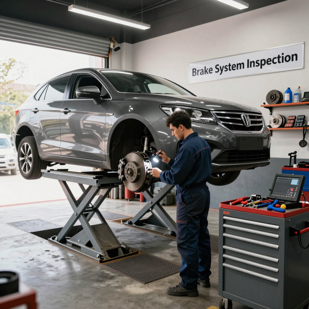 Un mecánico inspecciona el sistema de frenos de un SUV gris en un taller mecánico, con un carro de diagnóstico cerca.