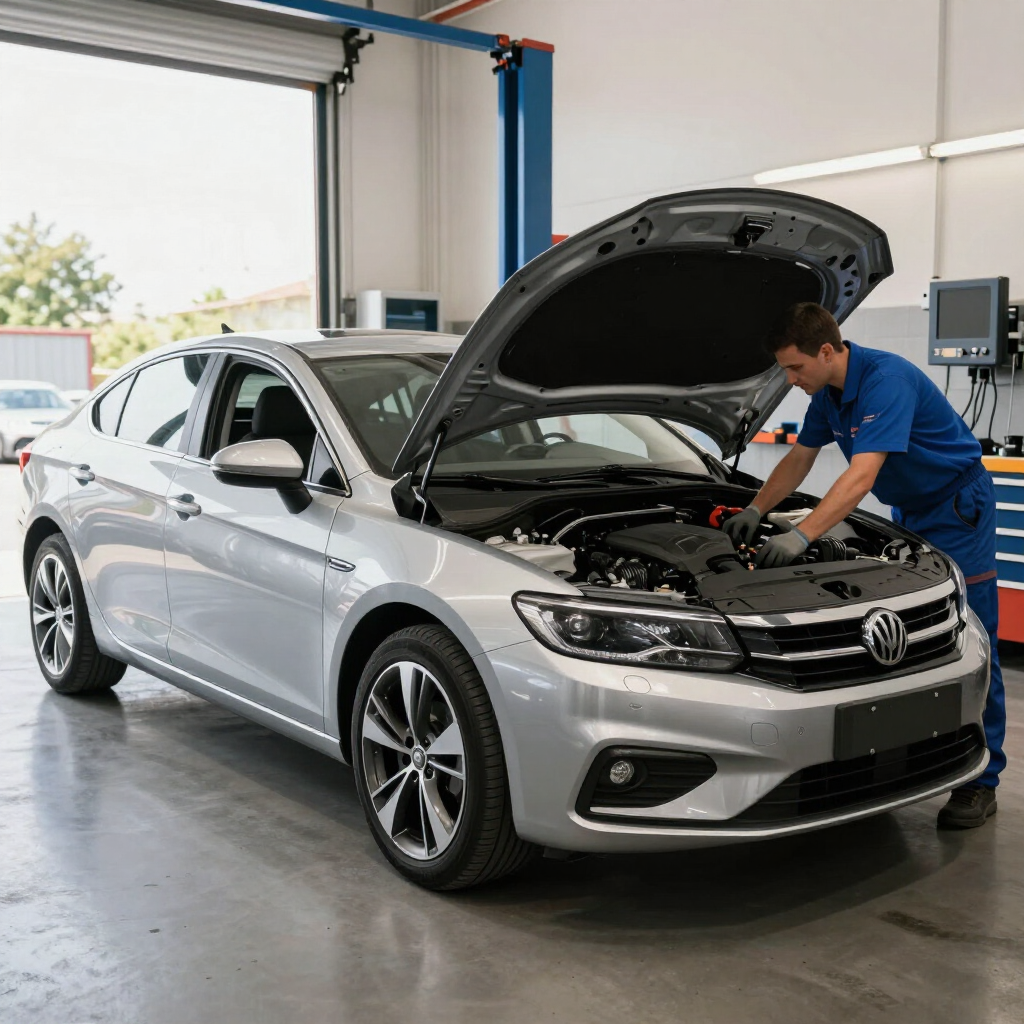 Mecánico inspeccionando un sedán plateado con el capó abierto en un taller de reparación de automóviles.