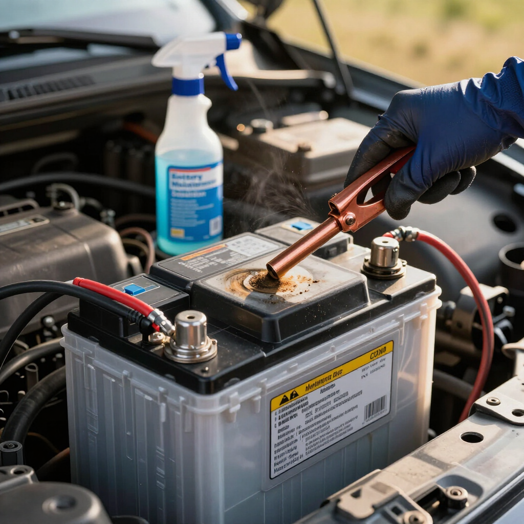 Manos enguantadas limpiando un terminal de batería de coche en el compartimento del motor con una botella de spray cerca.