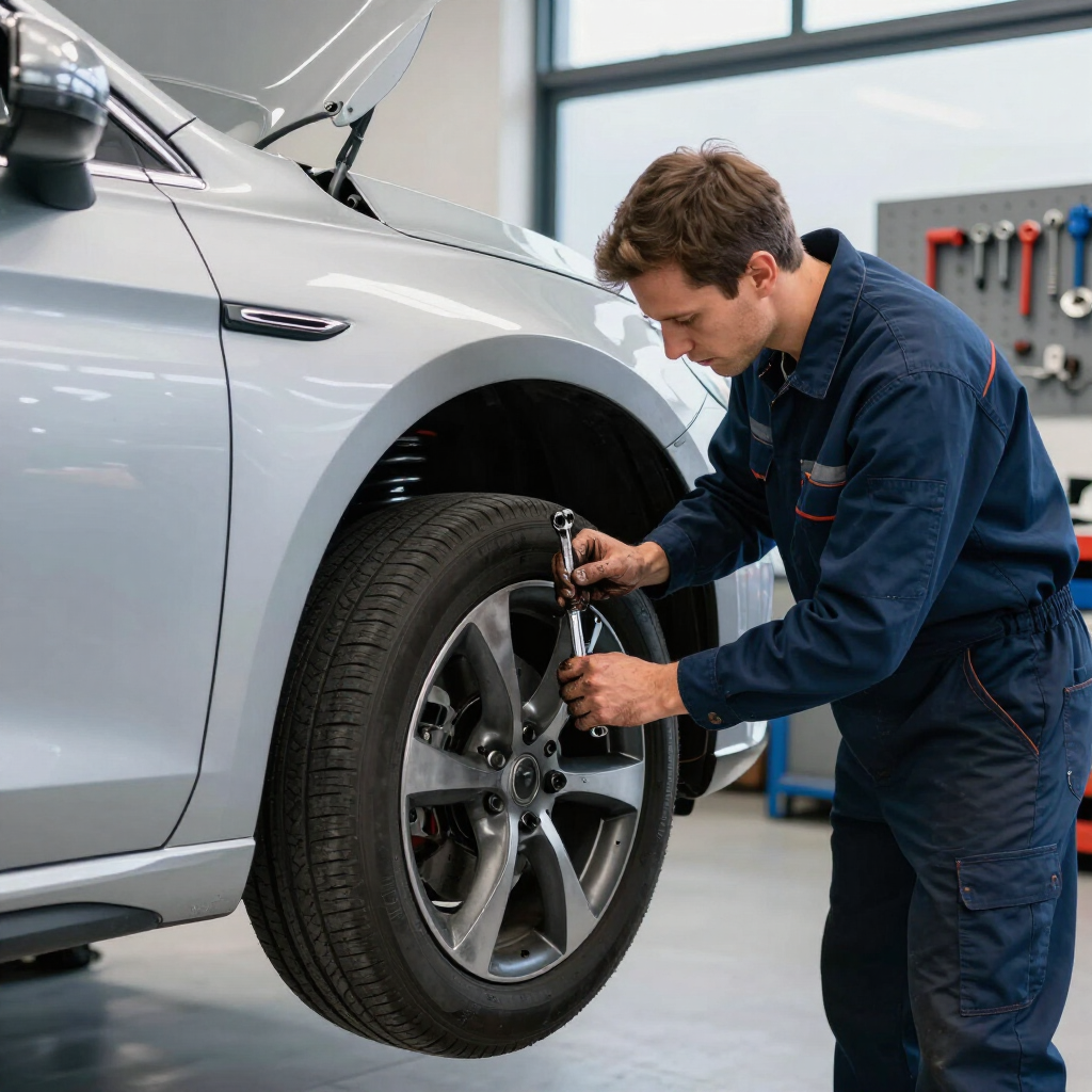 Mecánico inspeccionando la rueda delantera de un coche plateado en un taller mecánico.