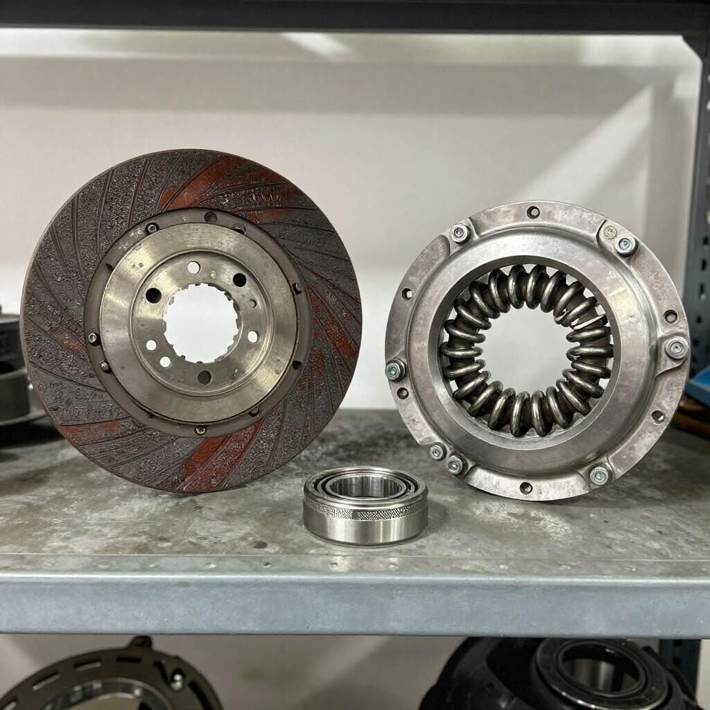 Piezas de embrague de automóvil en un estante de metal, que incluyen un disco de fricción desgastado, un plato de presión y un cojinete de desembrague.