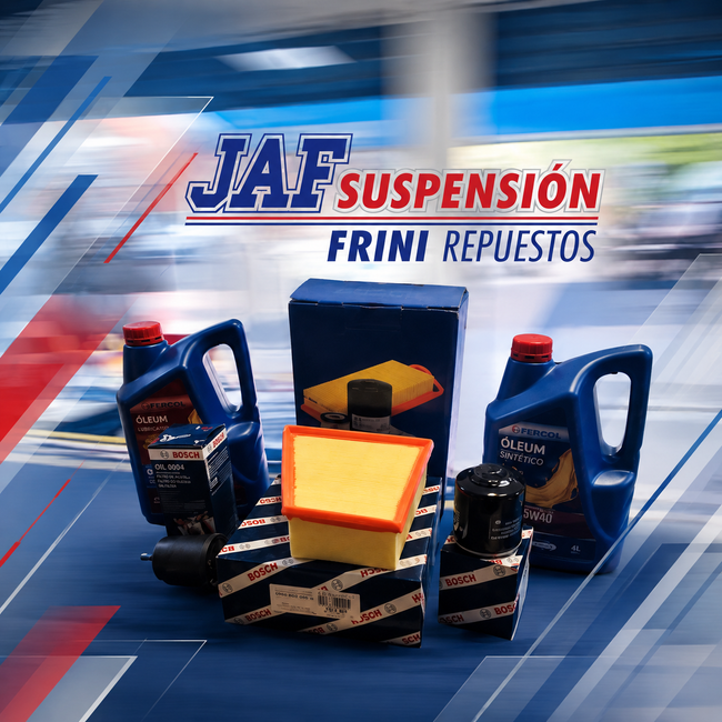 Anuncio de JAF Suspensión FRINI Repuestos con bidones de aceite azules y filtros naranjas sobre un fondo azul.