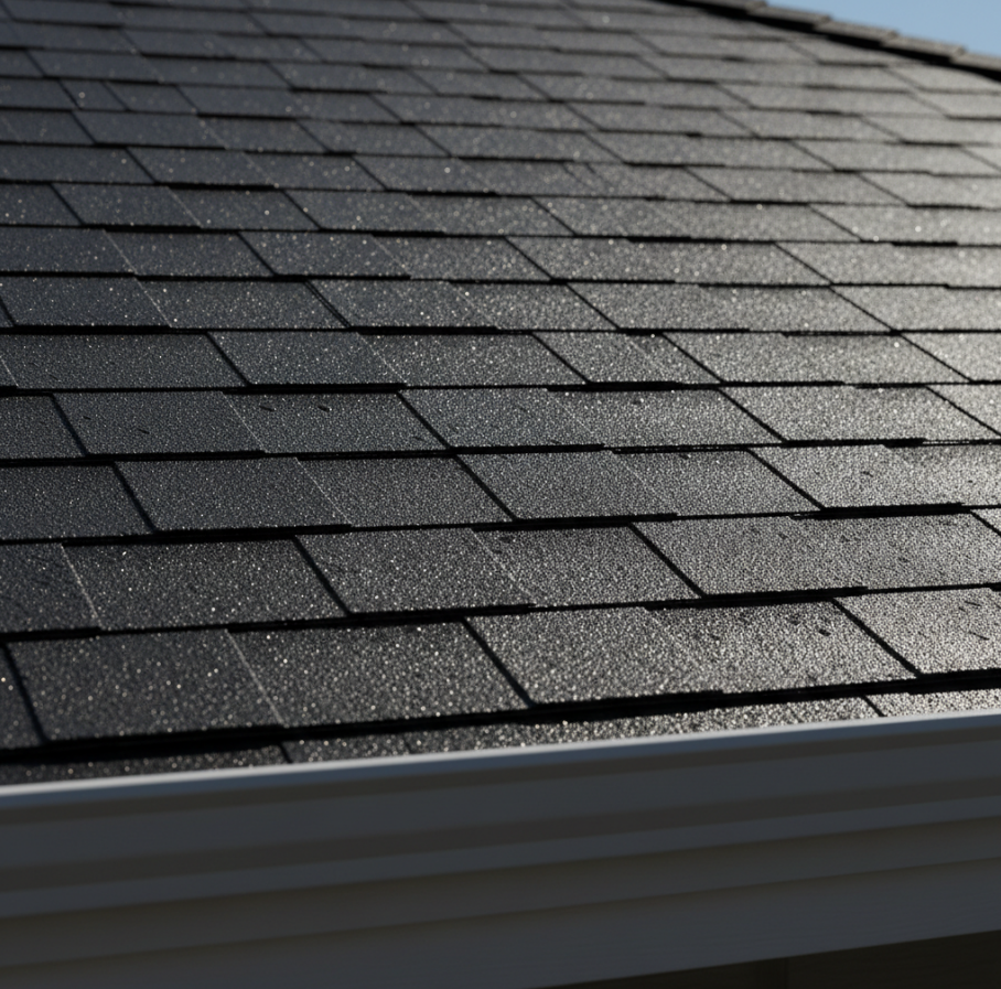 Close-up of a dark gray asphalt shingle roof with a light gray gutter at the edge