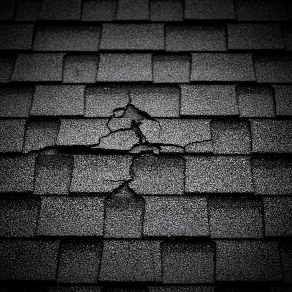Cracked dark gray roof shingles with a damaged area in the center