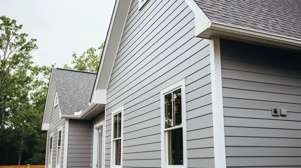 Gray-sided house exterior with white trim, windows, and a sloped roof beside trees