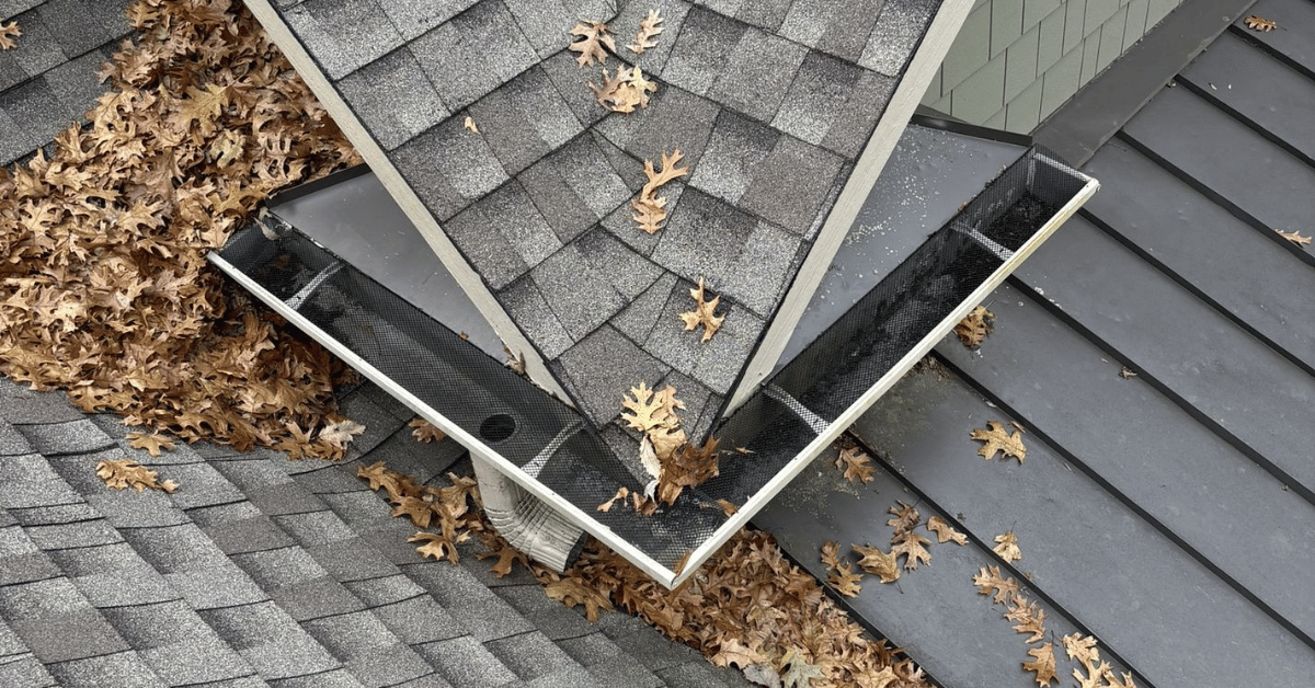 Roof valley with gray shingles, scattered leaves, and a white gutter edge.
