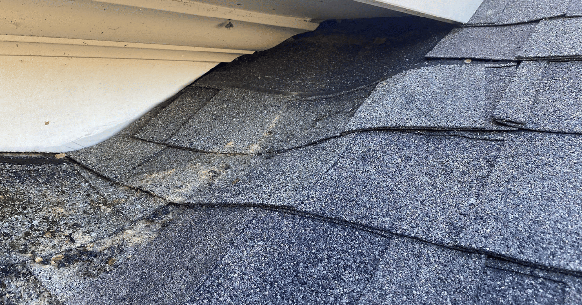 Shingled roof with a section of damaged, sagging shingles near the eaves