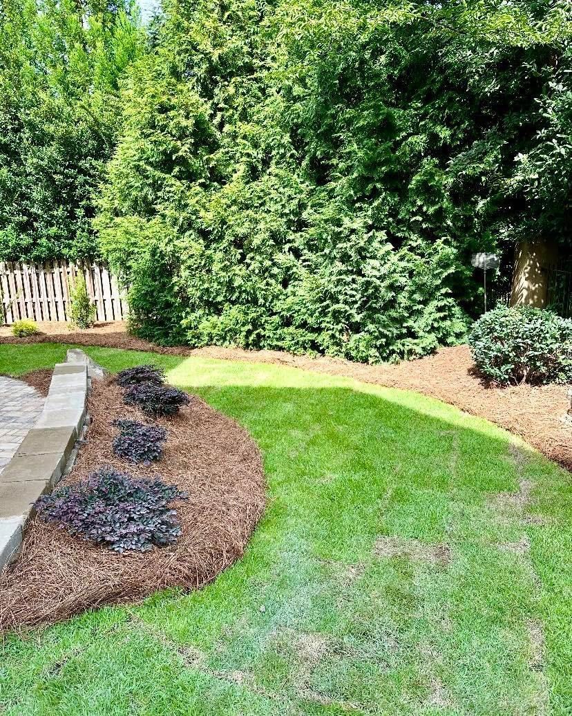 A lush green lawn with a patio and trees in the background.