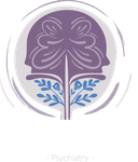 Purple brain-shaped design with tree trunk and leaves inside a gray circle;