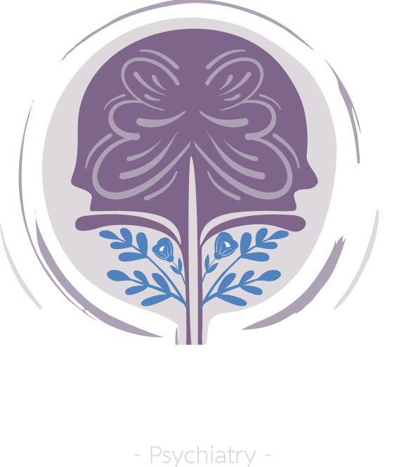 Purple brain-shaped design with tree trunk and leaves inside a gray circle;