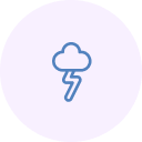Cloud with lightning bolt, blue outline on a light purple background.