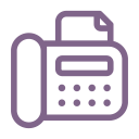 Purple line drawing of a fax machine with a sheet of paper.