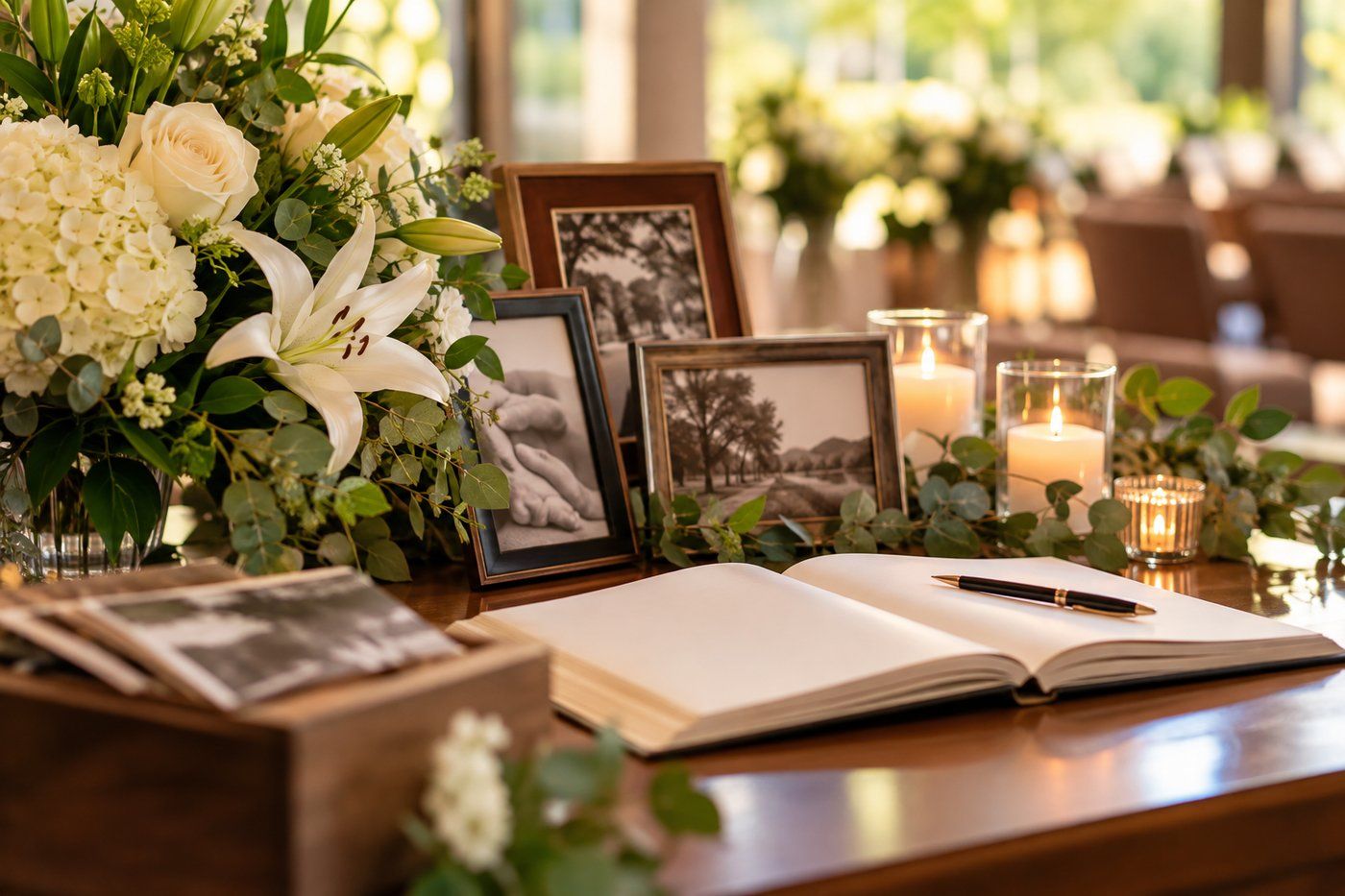 Memorial table with flowers, photos, and guestbook honoring shared stories in Bel Air PA