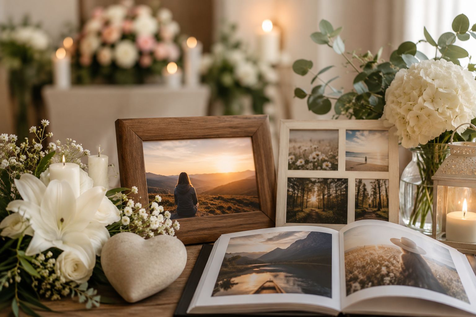 Celebration of life memorial display with flowers, candles, framed photos, and keepsakes