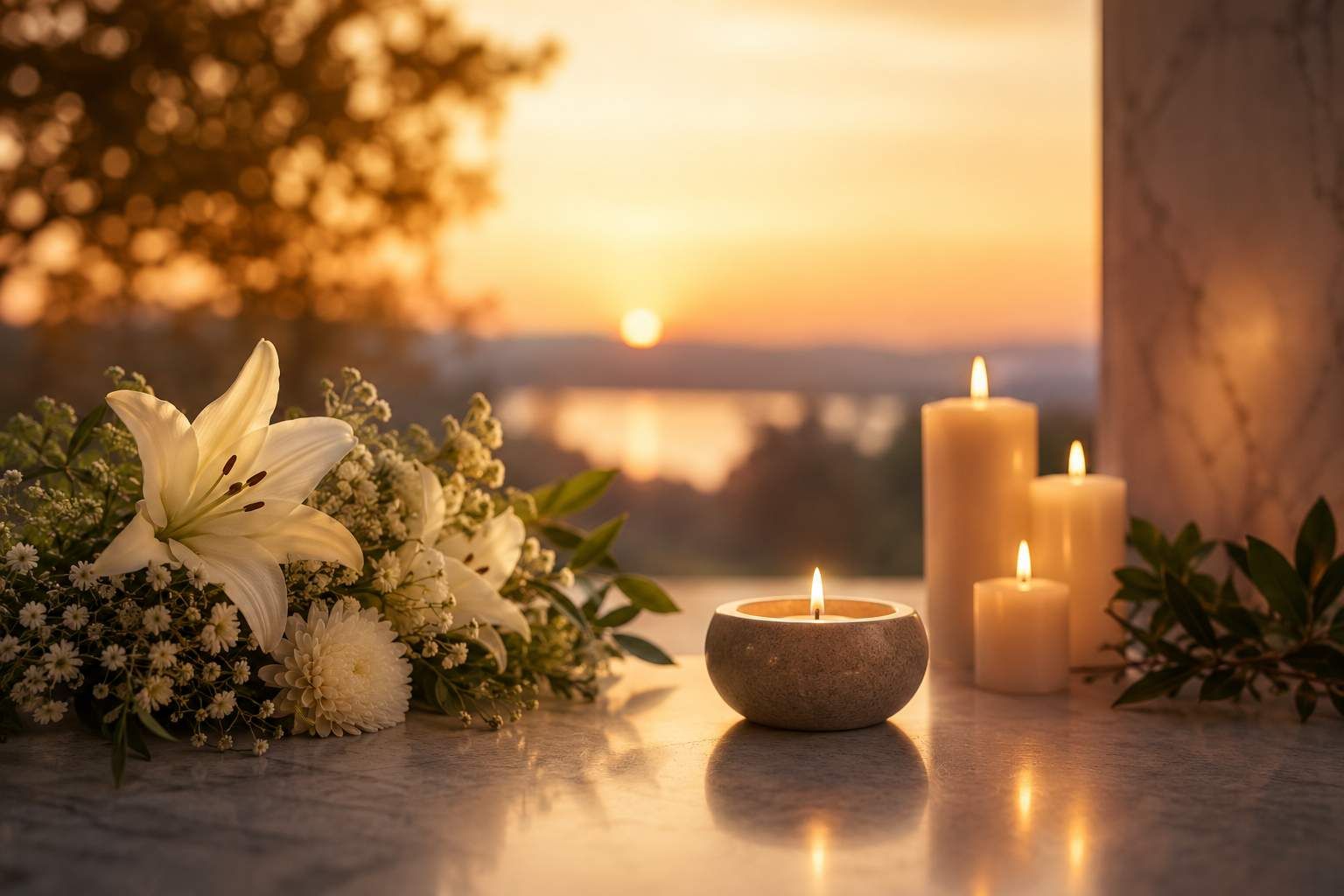 Compassionate cremation process memorial with candles and white lilies in Bel Air, PA.