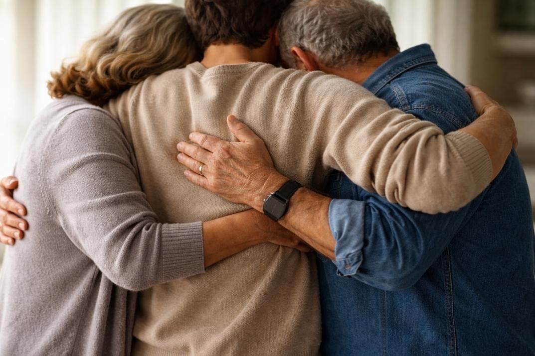 Close-up of three family members embracing in a supportive group hug, symbolizing compassion and care provided by a Delta, PA funeral home and cremations service during difficult times.