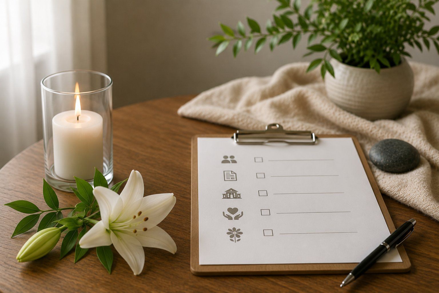 Funeral planning checklist with candle, white lilies, and memorial items on a table in Delta, PA.
