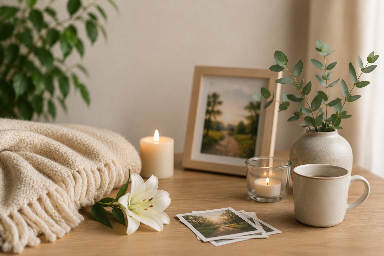 Peaceful remembrance setting with flowers, candles, and cherished memories highlighting the benefits