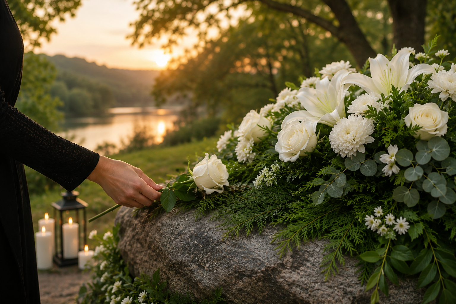 Person placing white flowers at a peaceful memorial during a sunset remembrance in Delta, PA.