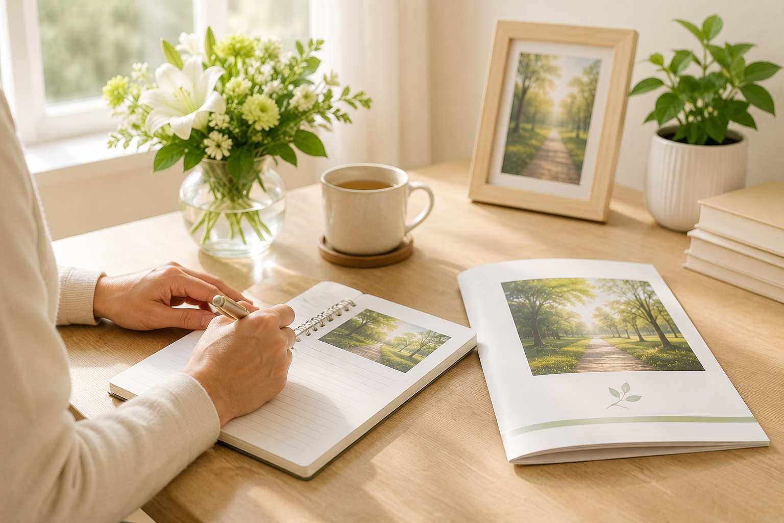 Person reviewing cremation planning documents beside memorial flowers in Delta, PA.