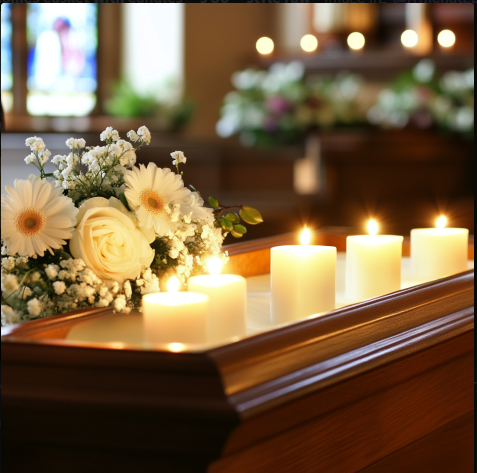 Wooden casket with white flowers and memorial candles during a funeral service in Fawn Grove, PA.