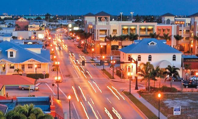 An aerial view of a city street at night