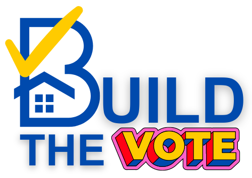 A blue and yellow logo that says build the vote