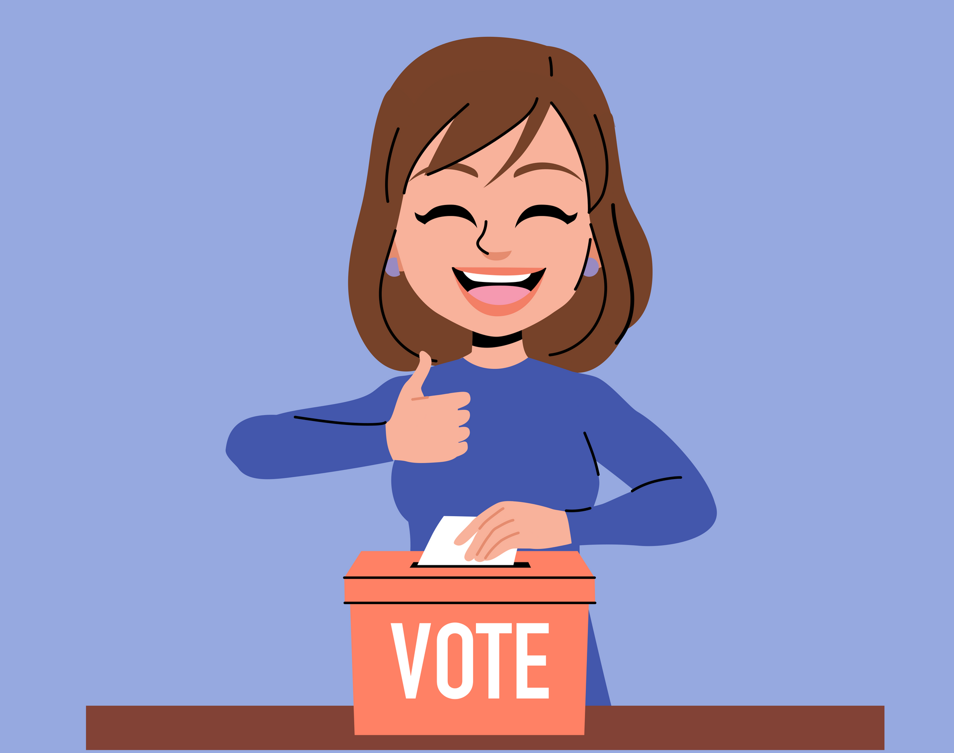 A woman is giving a thumbs up while putting a ballot in a vote box.