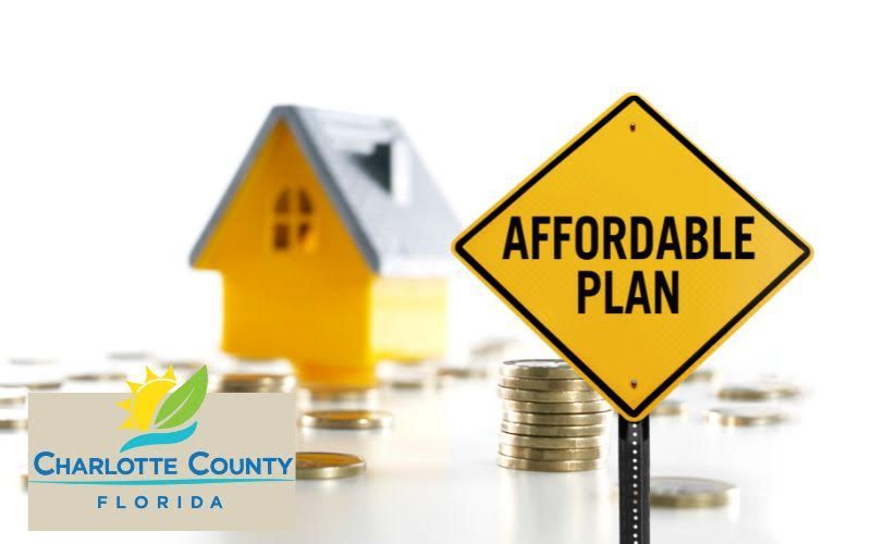 A yellow sign that says affordable plan next to a model house