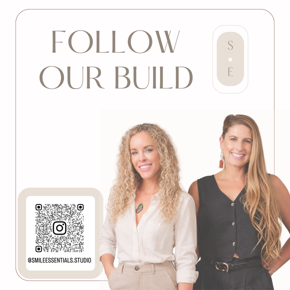 Two women beside “FOLLOW OUR BUILD” text and a QR code on a white background