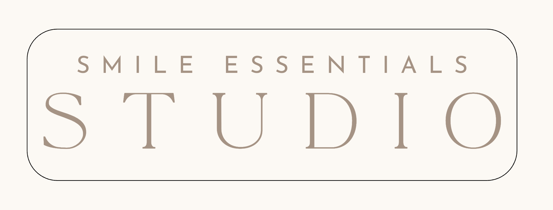 Smile Essentials Studio logo with beige text on a light background