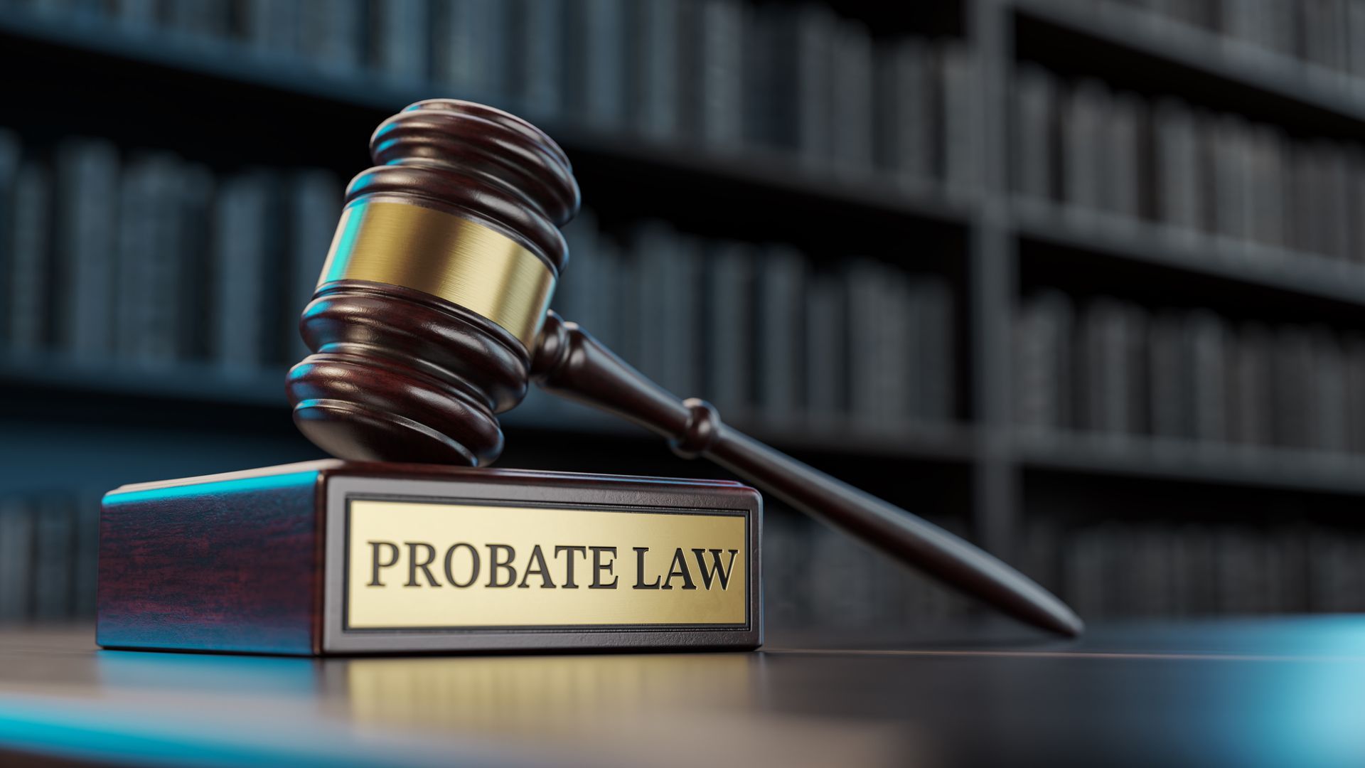Judge's gavel as a symbol of legal system and a wooden stand with the text of probate law.