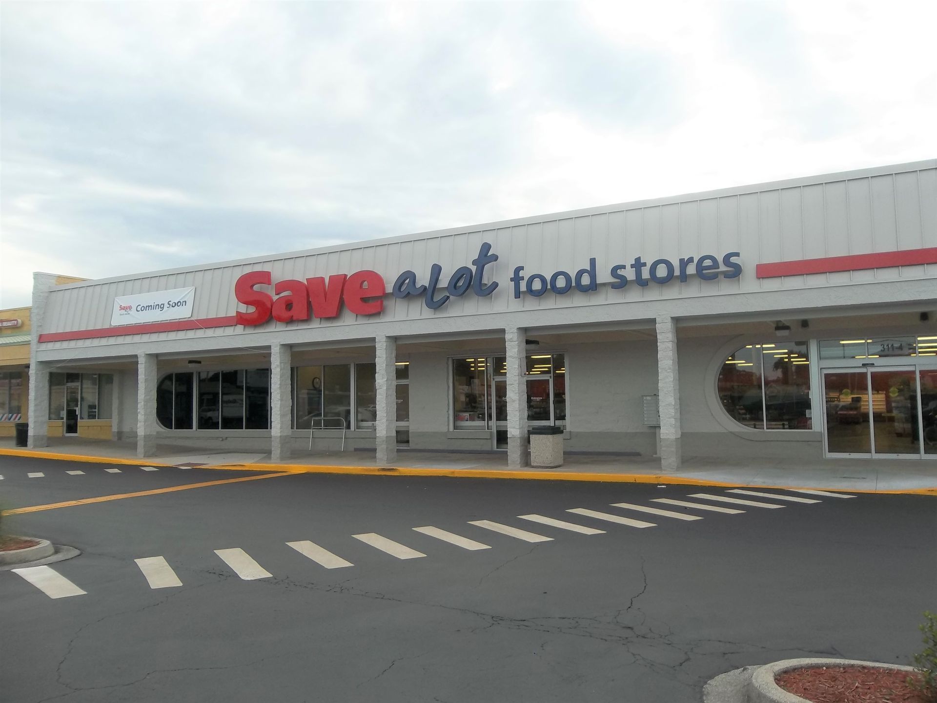 Save a Lot food store with red and blue signage; exterior shot.